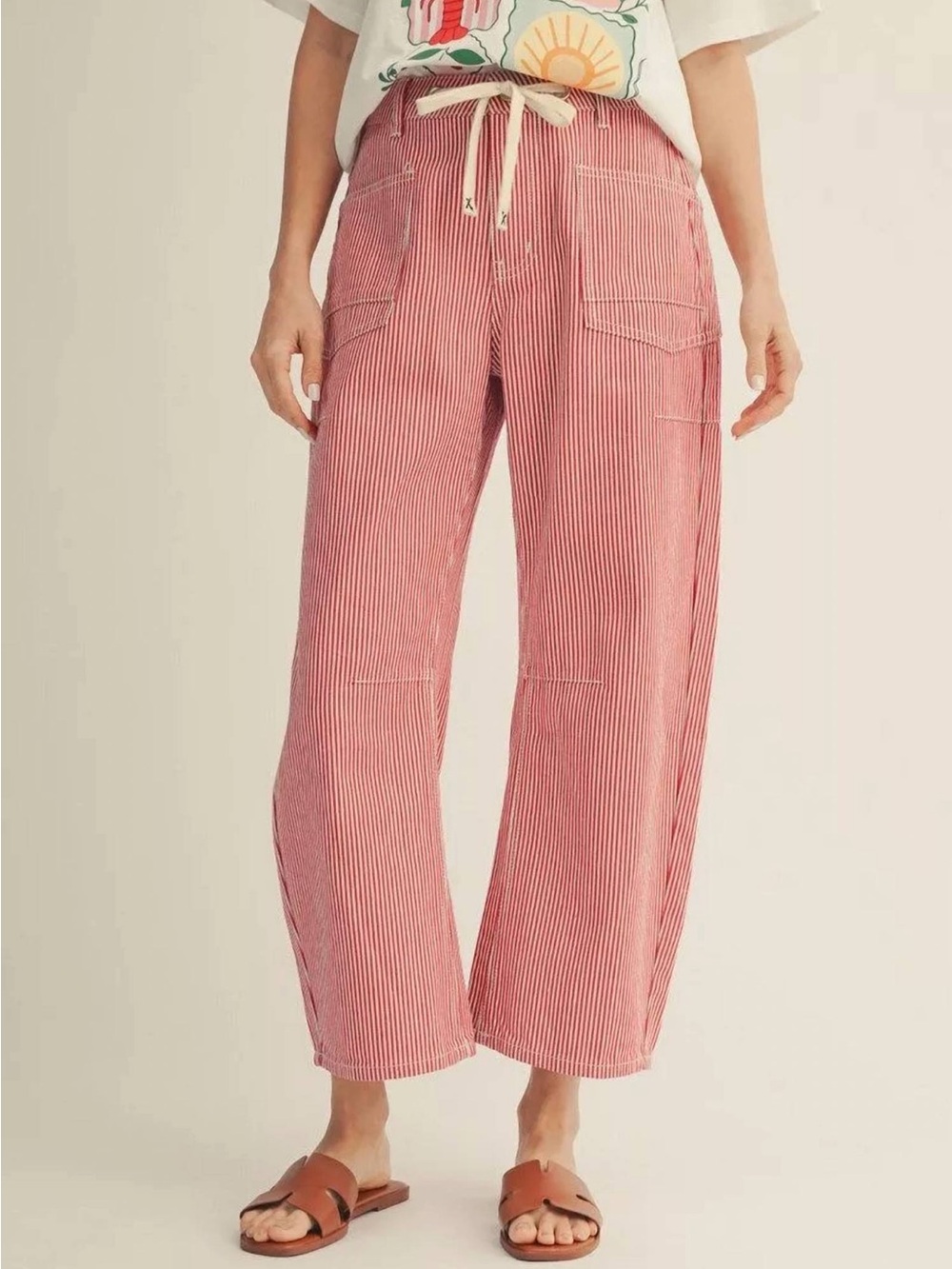 Pink Striped Wide-Leg Drawstring Pants